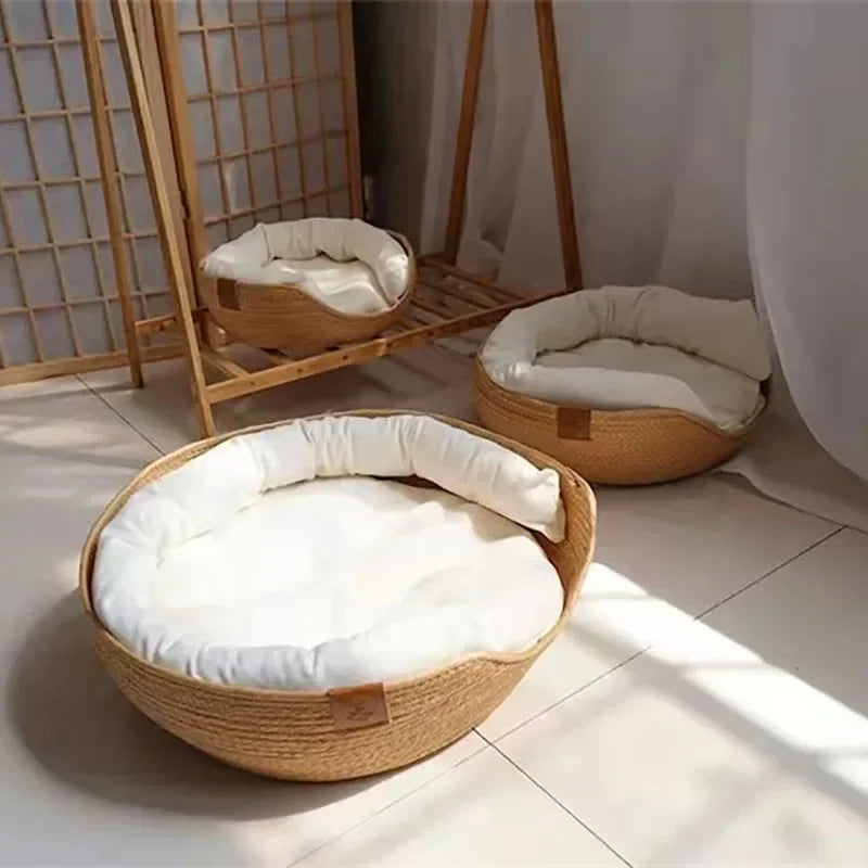 Handwoven Bamboo Pet Bed with Removable Cushion – Cozy Cat & Dog Sofa Basket for All Seasons