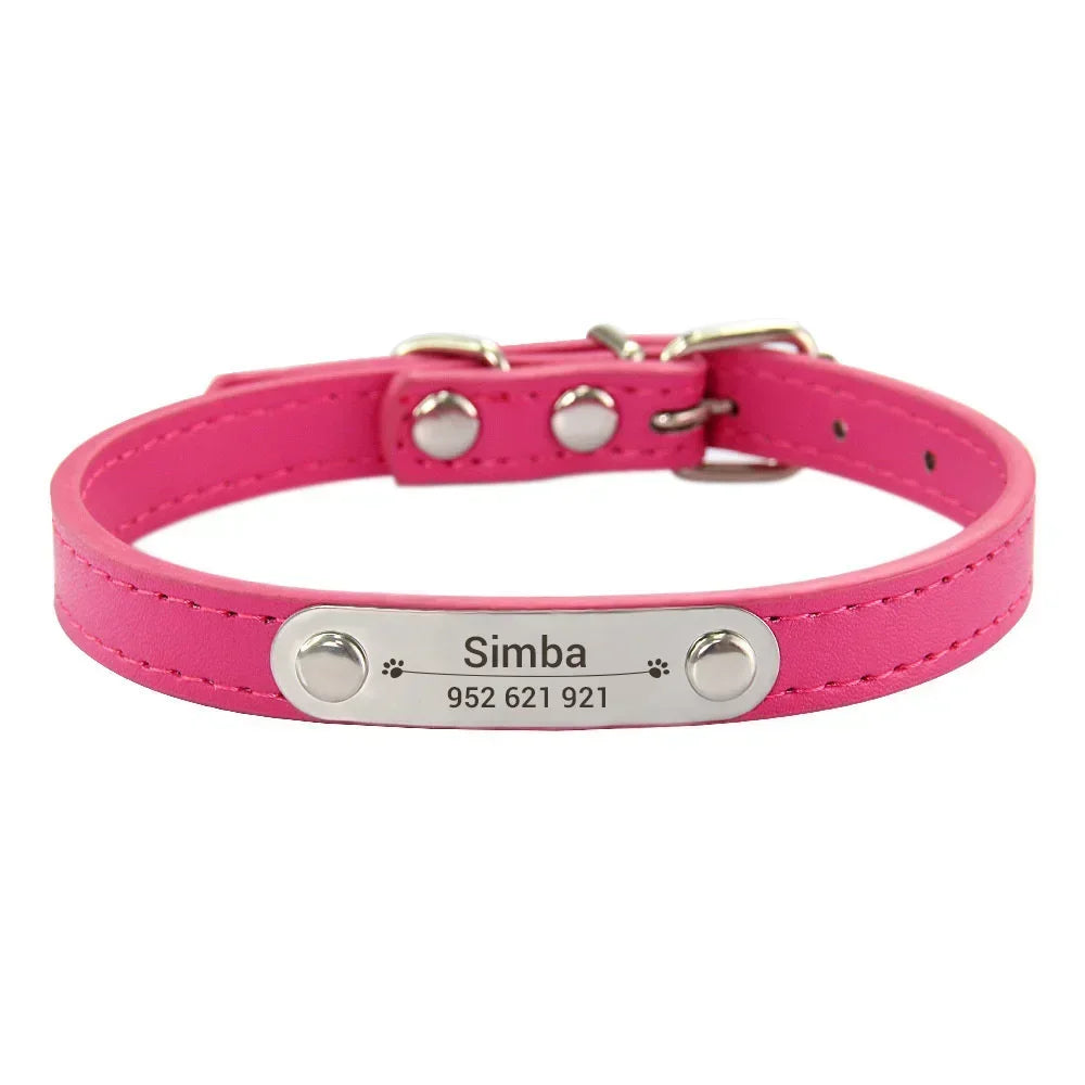 Personalized PU Leather Dog Collar with Engraved Name ID Tag – Adjustable Anti-Lost Pet Collar for Small Medium Large Dogs and Cats