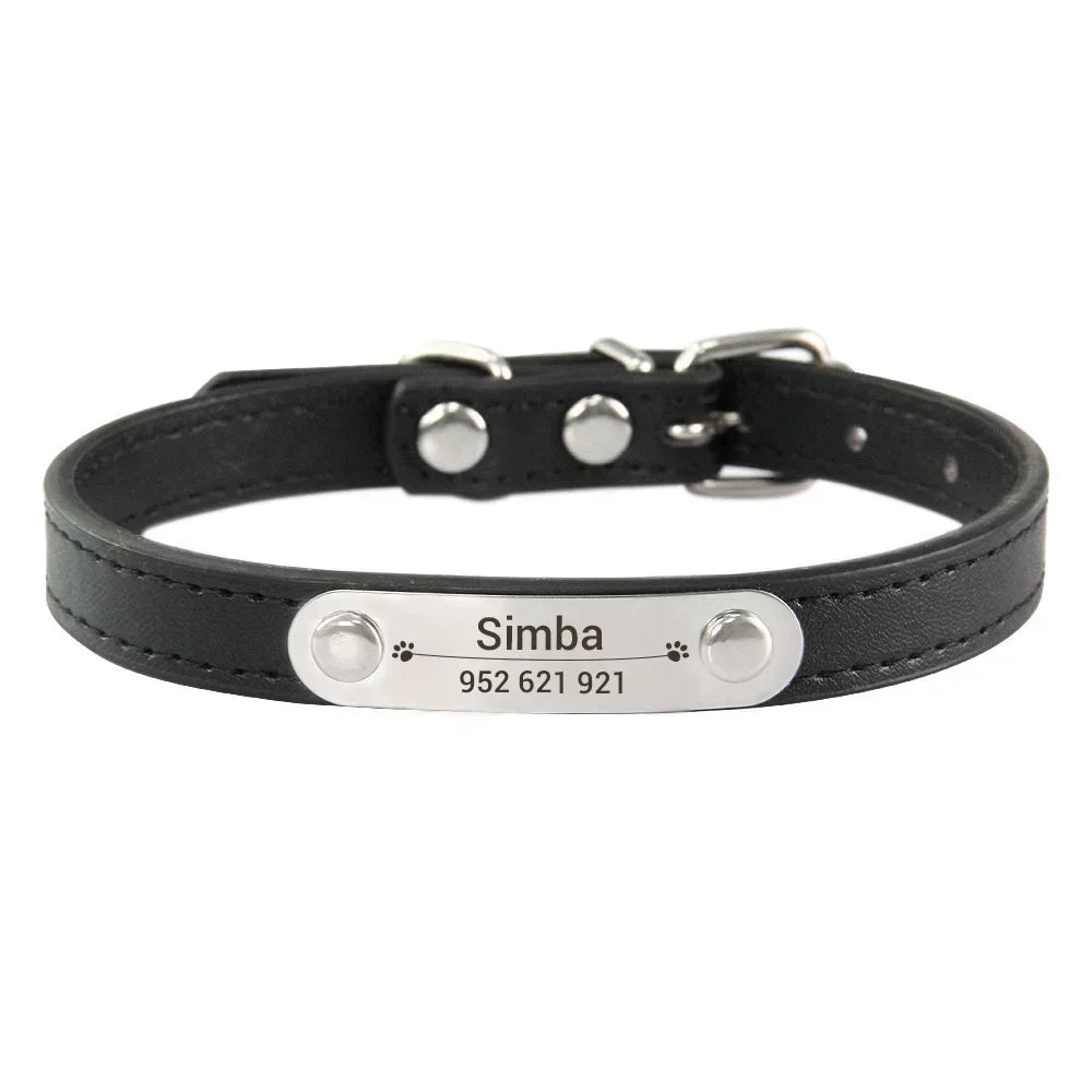 Personalized PU Leather Dog Collar with Engraved Name ID Tag – Adjustable Anti-Lost Pet Collar for Small Medium Large Dogs and Cats