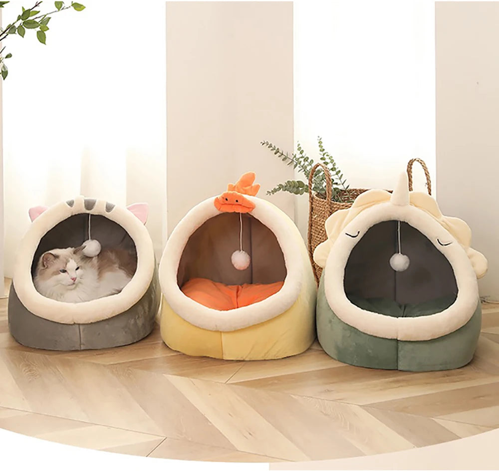 Foldable Deep Sleep Cat Bed Cave – Washable Cartoon Pet House for Cats & Small Dogs