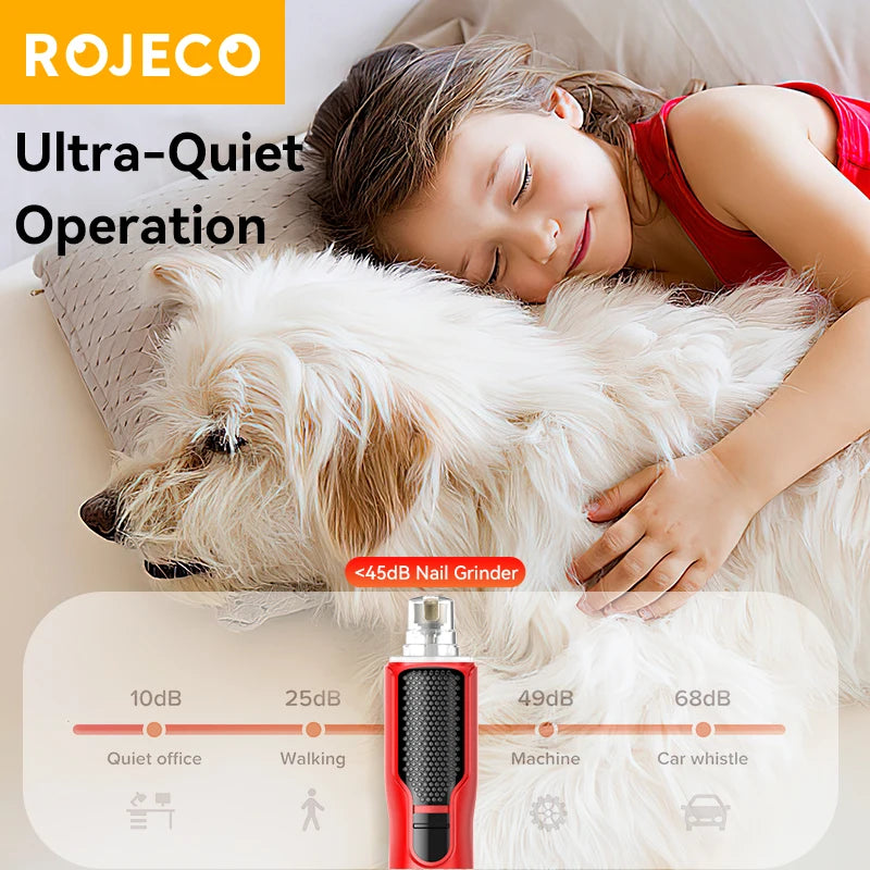 ROJECO Electric Pet Nail Grinder – Rechargeable Dog & Cat Nail Trimmer with LED Light, 7-Speed Adjustable Quiet Paw Grooming Tool