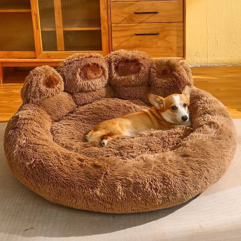 Warm Plush Bear Paw Pet Bed for Cats & Medium Dogs – Anti-Anxiety Calming Donut Cushion