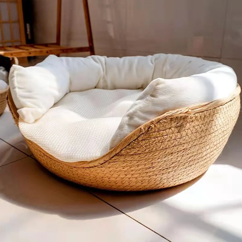 Handwoven Bamboo Pet Bed with Removable Cushion – Cozy Cat & Dog Sofa Basket for All Seasons