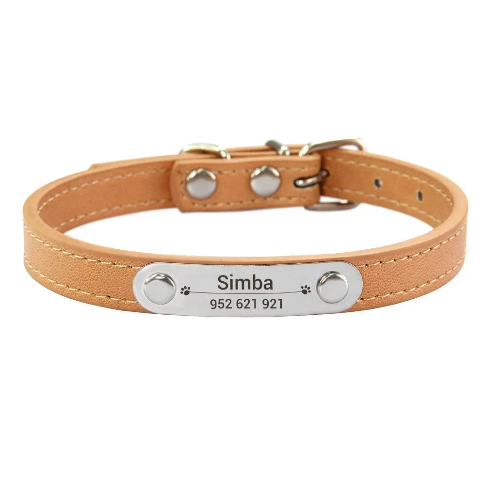 Personalized PU Leather Dog Collar with Engraved Name ID Tag – Adjustable Anti-Lost Pet Collar for Small Medium Large Dogs and Cats