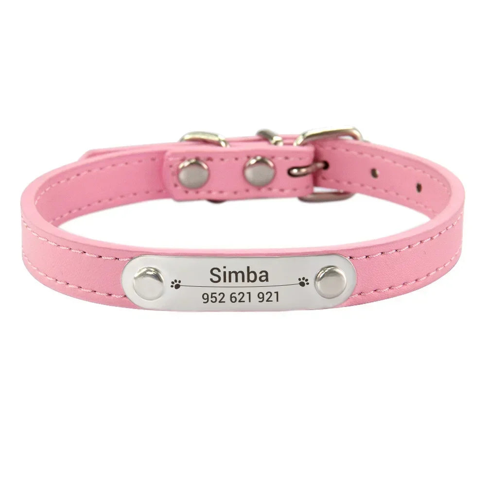 Personalized PU Leather Dog Collar with Engraved Name ID Tag – Adjustable Anti-Lost Pet Collar for Small Medium Large Dogs and Cats