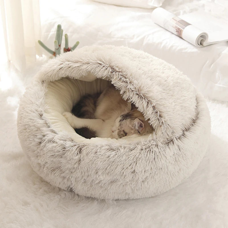 Warm Plush Cat Cave Bed with Cover – Cozy Round Pet Nest for Small Dogs & Kittens