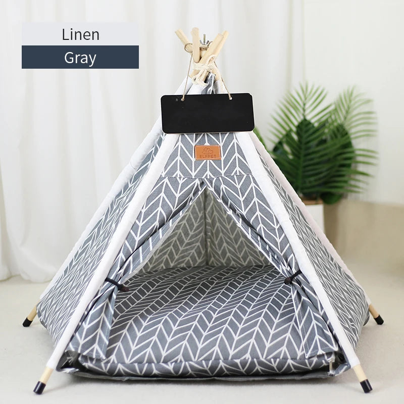 Pet Teepee Tent for Cats and Dogs – Portable Removable Washable Pet House with Cushion, Blackboard, Wooden Frame & Cozy Pet Bed