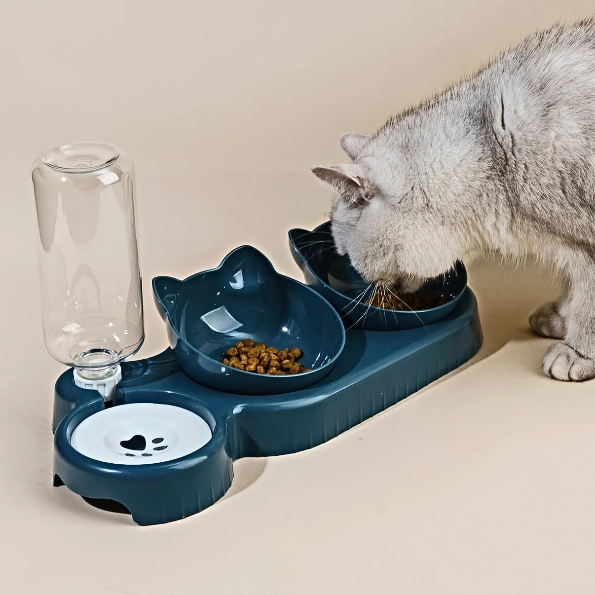 3-in-1 Tilted Cat Bowl Set with Gravity Water Feeder – Neck Protection Pet Feeding Station