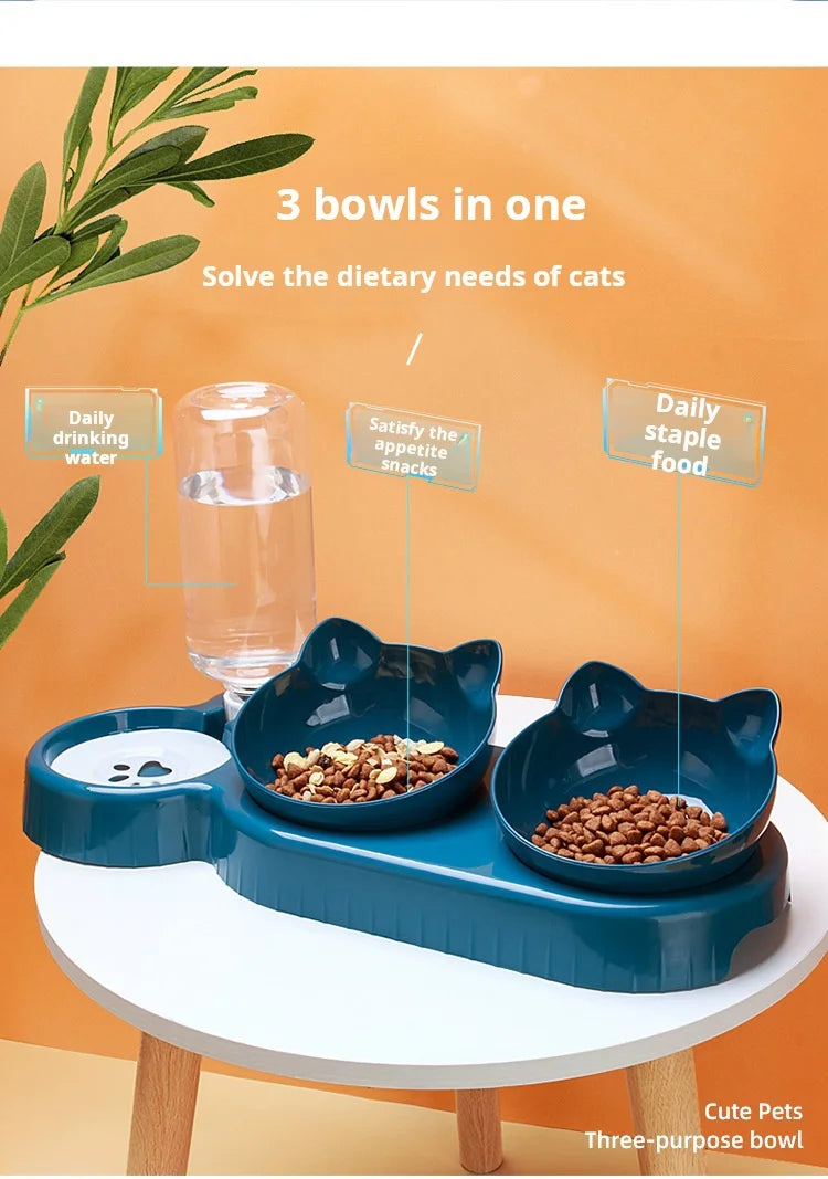 3-in-1 Tilted Cat Bowl Set with Gravity Water Feeder – Neck Protection Pet Feeding Station