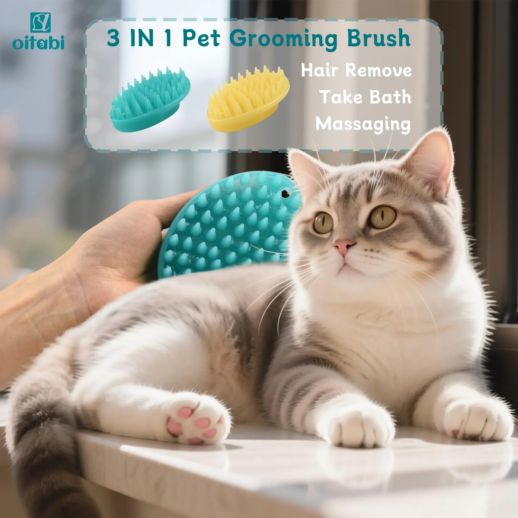 Oitabi Soft Rubber Pet Grooming Brush for Dogs & Cats – Bathing, Deshedding, Massage & Hair Removal Brush