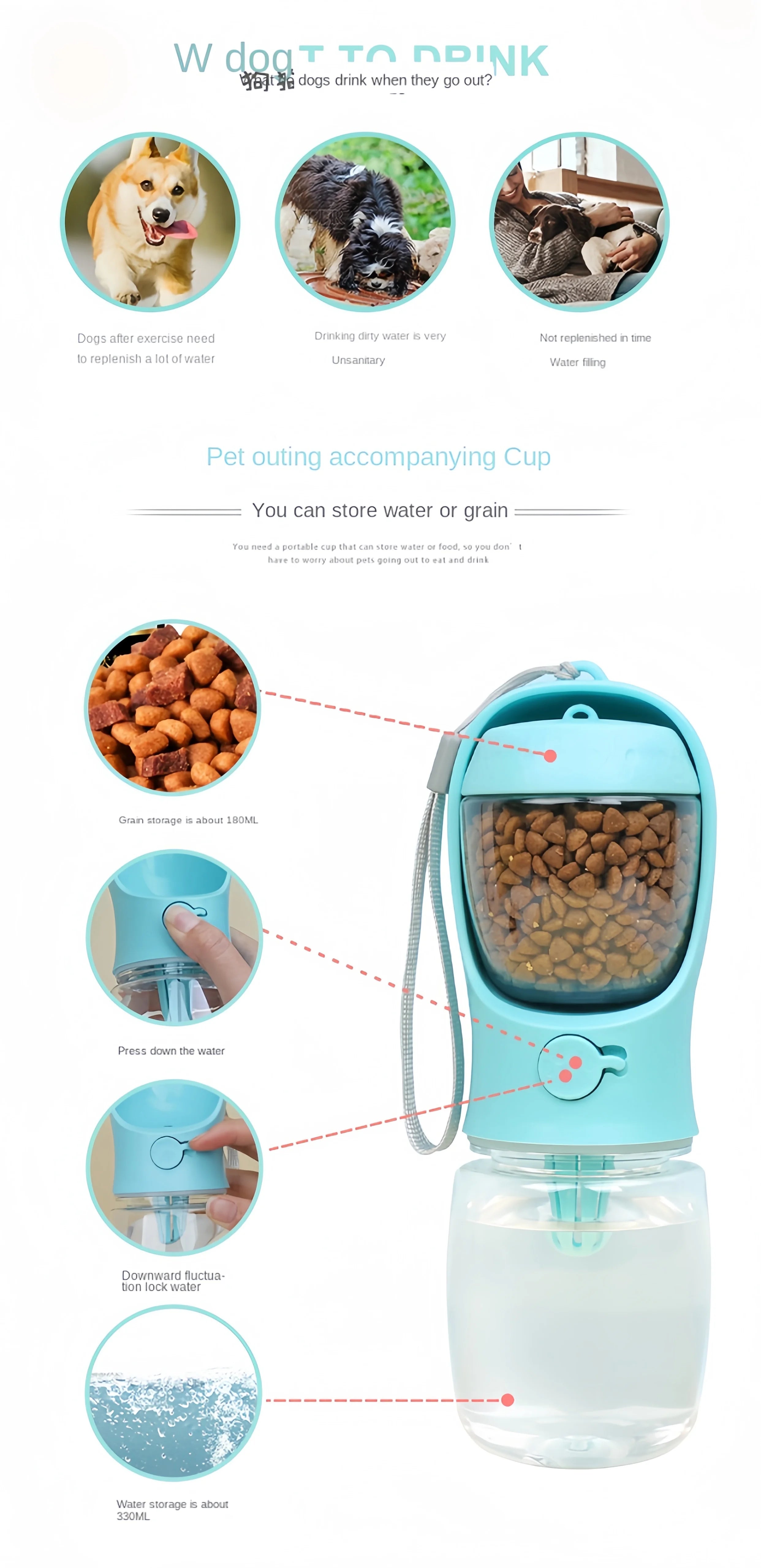 Portable Dog Water Bottle with Food Storage – Travel Feeder Bowl for Dogs & Cats