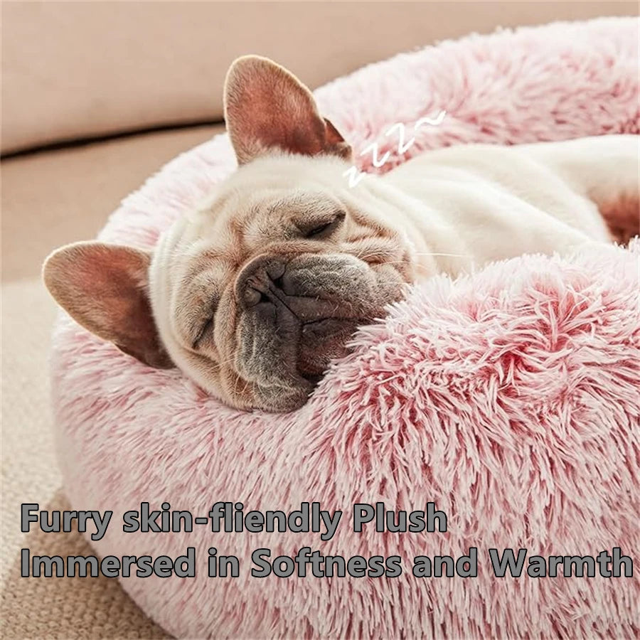 Soft Faux Fur Calming Donut Pet Bed for Cats & Dogs – Warm Washable Round Sleeping Cushion