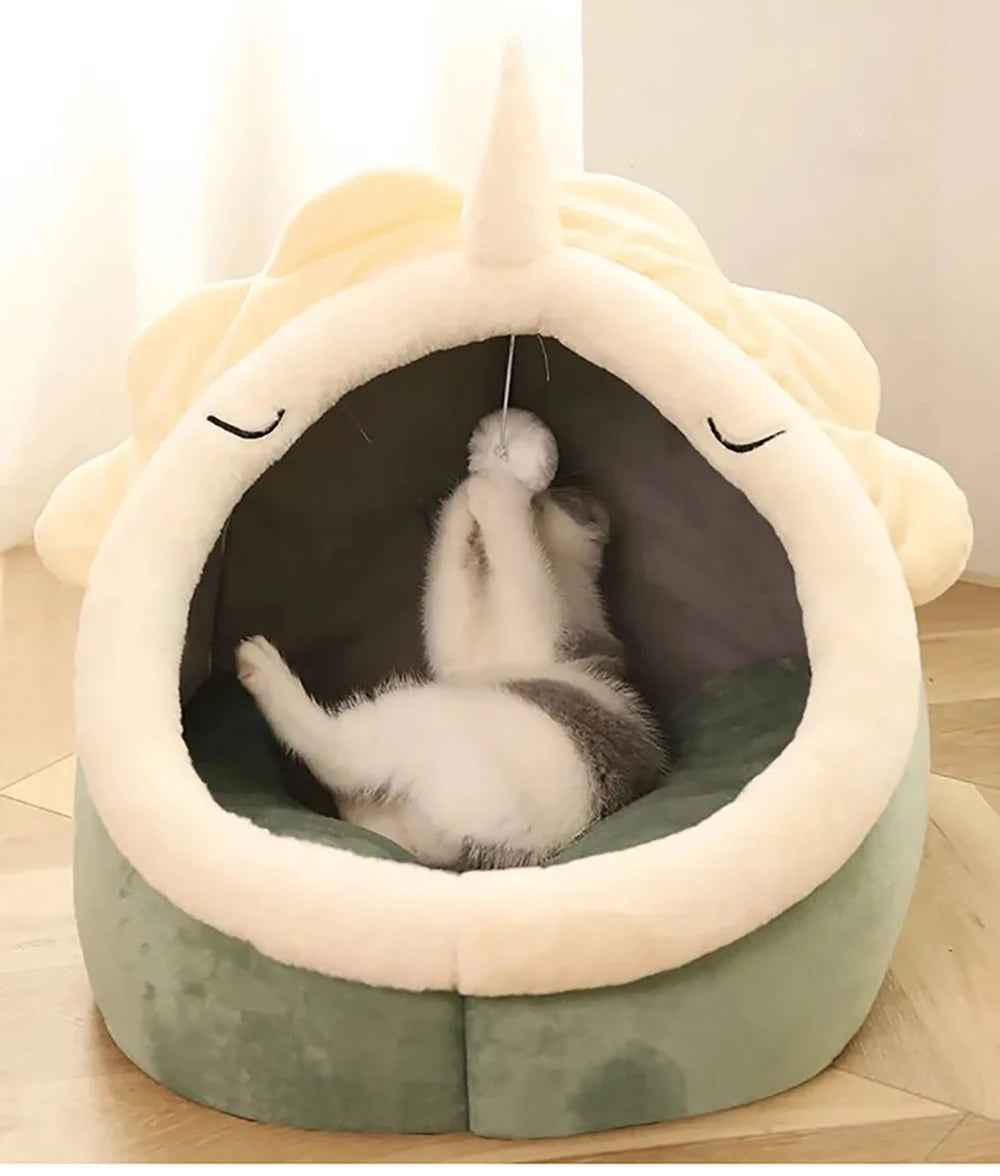 Foldable Deep Sleep Cat Bed Cave – Washable Cartoon Pet House for Cats & Small Dogs