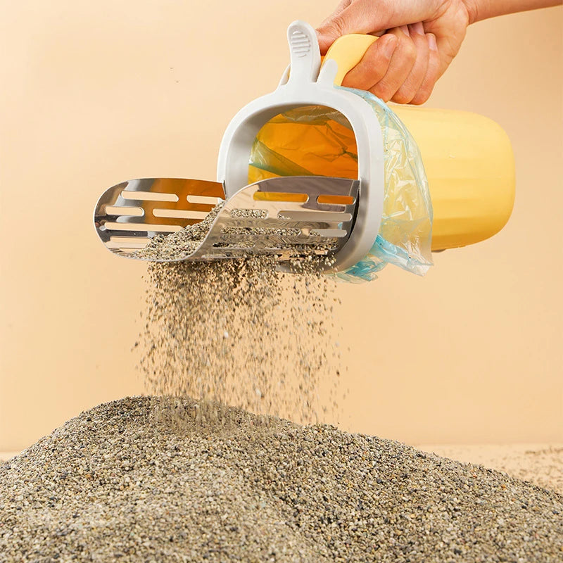 Cat Litter Scoop with Built-In Waste Bin and Refill Bag Holder – Stainless Steel Self-Cleaning Cat Litter Shovel