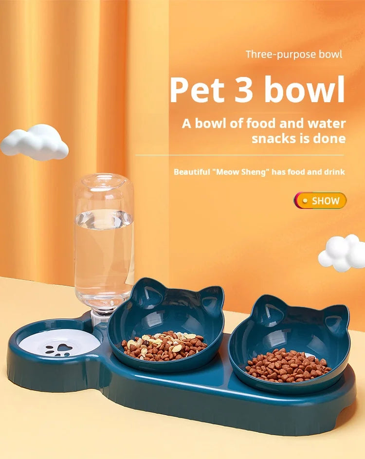 3-in-1 Tilted Cat Bowl Set with Gravity Water Feeder – Neck Protection Pet Feeding Station