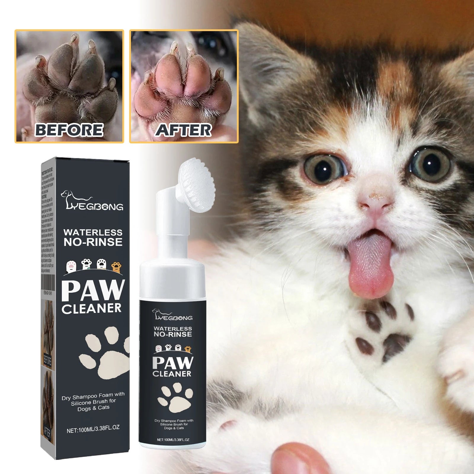 Pet Paw Foam Cleaner 100ml – No-Rinse Dry Shampoo for Dogs & Cats with Brush, Deep Cleaning Paw Dirt & Mud Remover