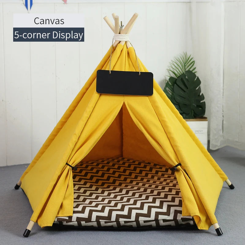 Pet Teepee Tent for Cats and Dogs – Portable Removable Washable Pet House with Cushion, Blackboard, Wooden Frame & Cozy Pet Bed