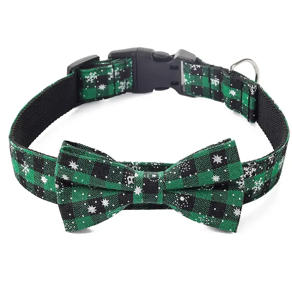 Christmas Plaid Dog Collar with Bow Tie and Snowflake Design | Adjustable Holiday Pet Collar for Small Large Dogs and Cats