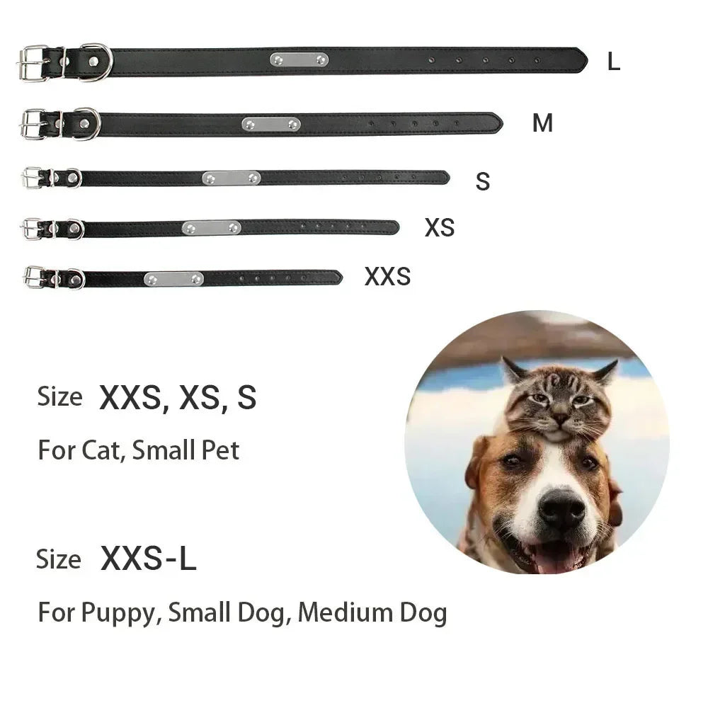 Personalized PU Leather Dog Collar with Engraved Name ID Tag – Adjustable Anti-Lost Pet Collar for Small Medium Large Dogs and Cats