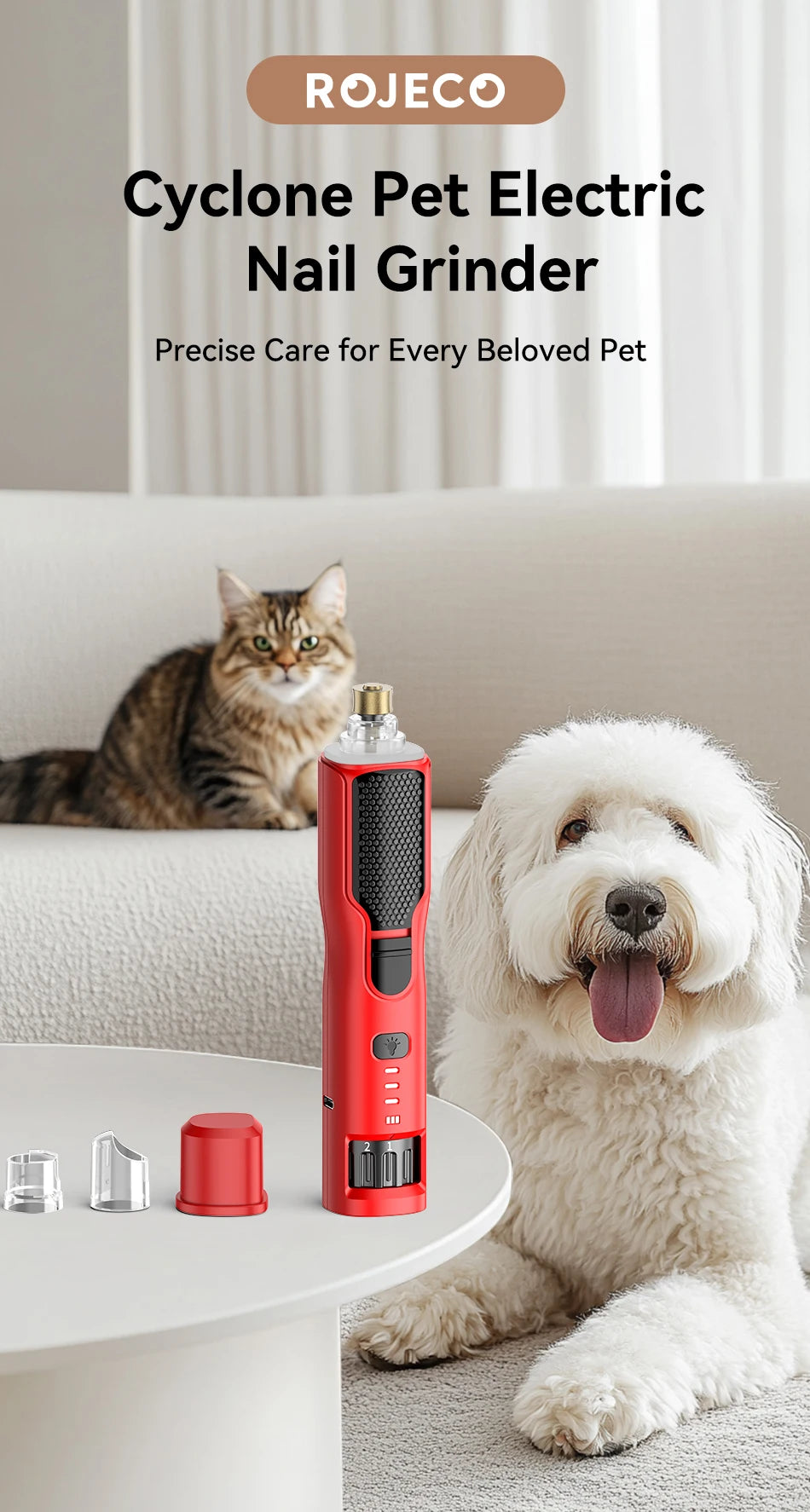 ROJECO Electric Pet Nail Grinder – Rechargeable Dog & Cat Nail Trimmer with LED Light, 7-Speed Adjustable Quiet Paw Grooming Tool