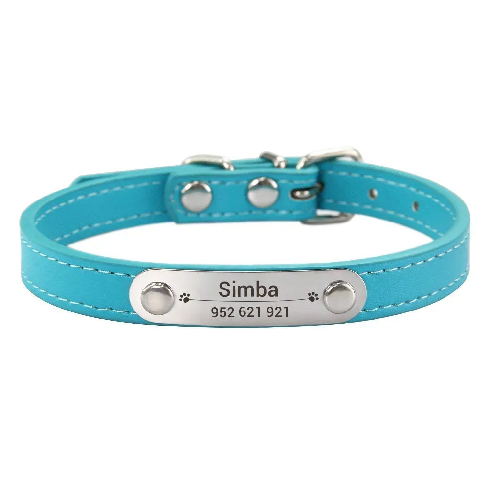 Personalized PU Leather Dog Collar with Engraved Name ID Tag – Adjustable Anti-Lost Pet Collar for Small Medium Large Dogs and Cats