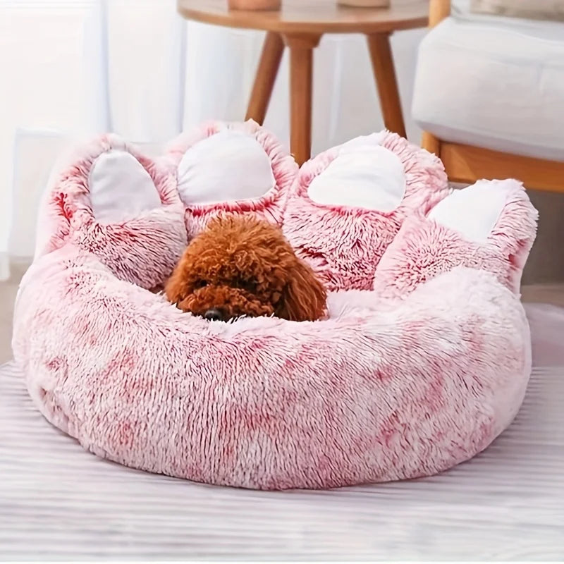 Warm Plush Bear Paw Pet Bed for Cats & Medium Dogs – Anti-Anxiety Calming Donut Cushion
