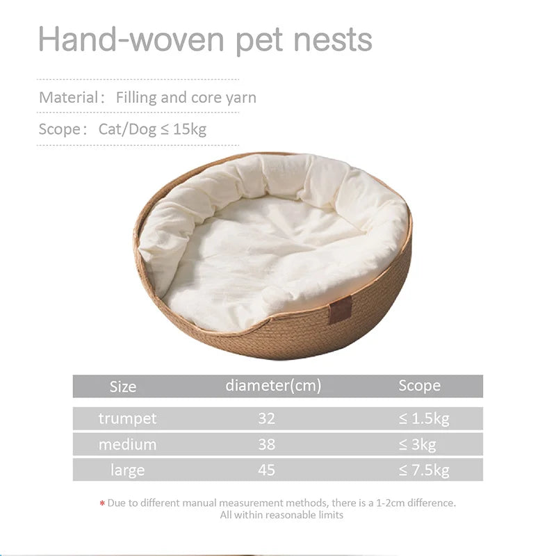 Handwoven Bamboo Pet Bed with Removable Cushion – Cozy Cat & Dog Sofa Basket for All Seasons