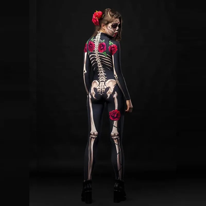 Rose Skeleton Costume Jumpsuit for Women & Girls – Halloween Cosplay Outfit
