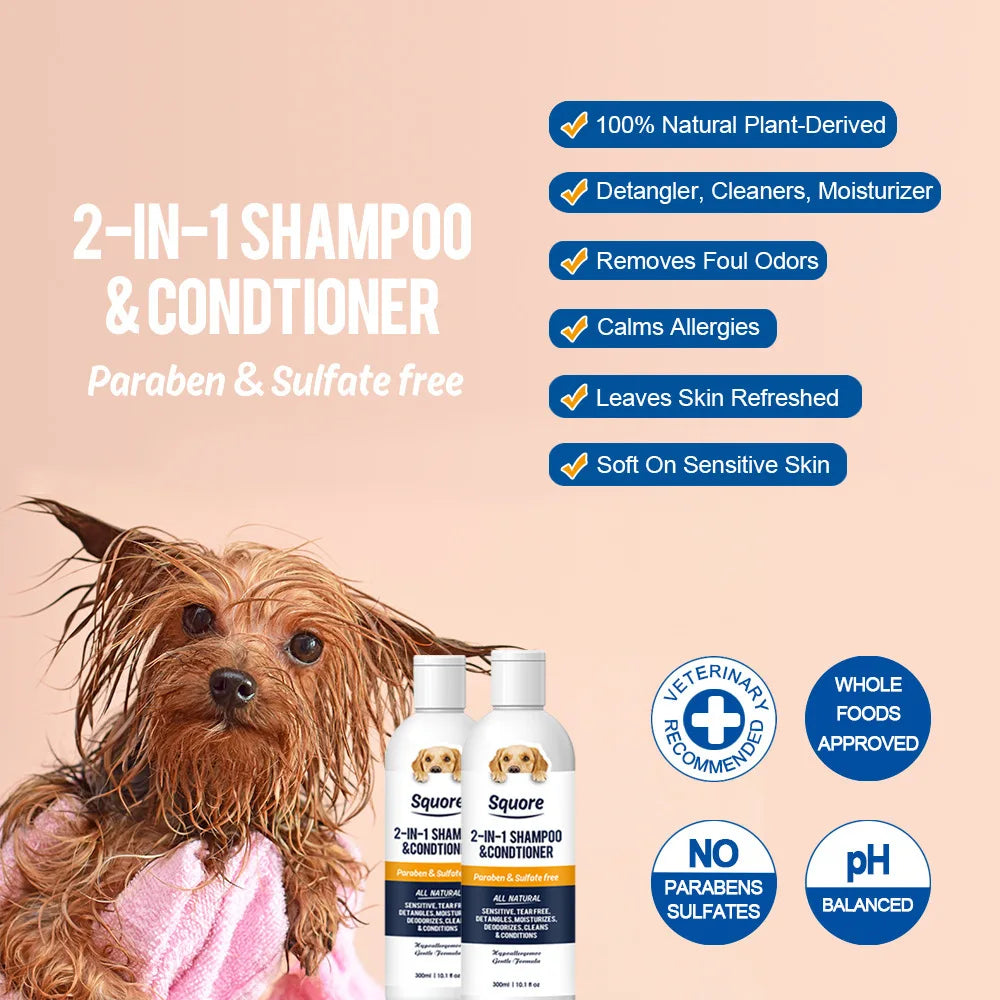 Deodorizing Pet Shampoo and Conditioner 300ml – PH Balanced Moisturizing Bath Foam for Dogs & Cats