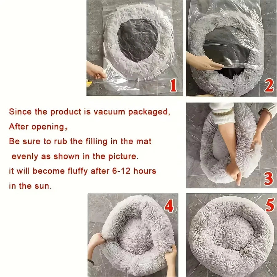 Soft Faux Fur Calming Donut Pet Bed for Cats & Dogs – Warm Washable Round Sleeping Cushion