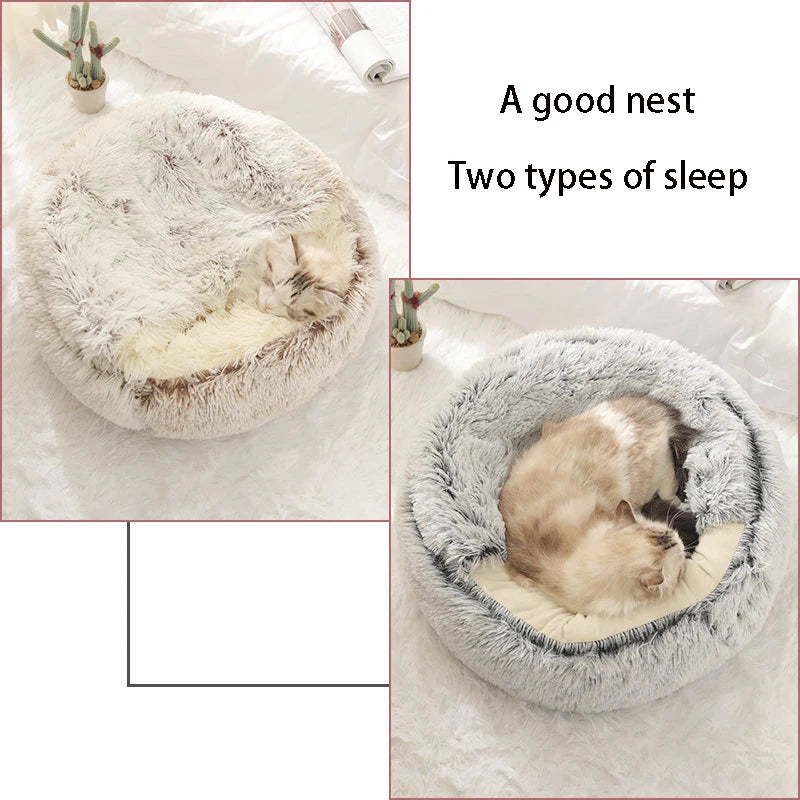 Warm Plush Cat Cave Bed with Cover – Cozy Round Pet Nest for Small Dogs & Kittens