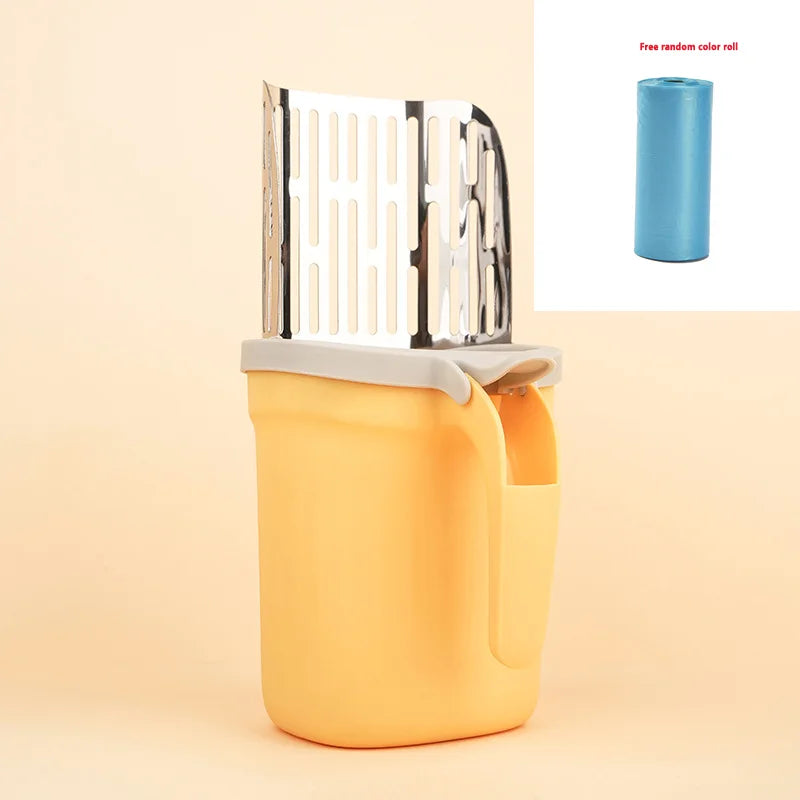 Cat Litter Scoop with Built-In Waste Bin and Refill Bag Holder – Stainless Steel Self-Cleaning Cat Litter Shovel
