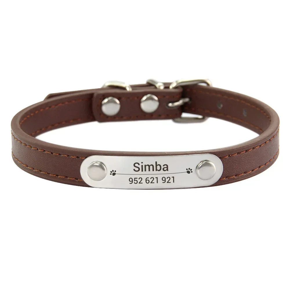 Personalized PU Leather Dog Collar with Engraved Name ID Tag – Adjustable Anti-Lost Pet Collar for Small Medium Large Dogs and Cats