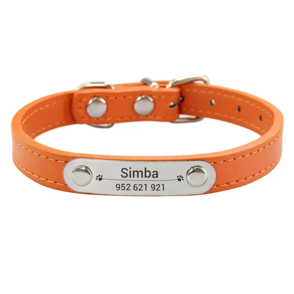 Personalized PU Leather Dog Collar with Engraved Name ID Tag – Adjustable Anti-Lost Pet Collar for Small Medium Large Dogs and Cats