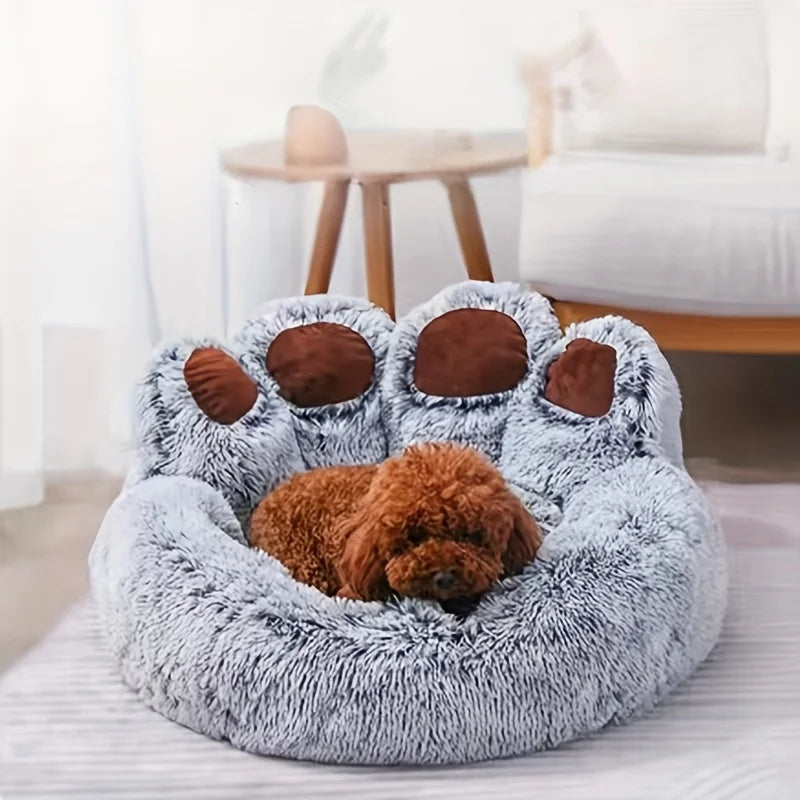 Warm Plush Bear Paw Pet Bed for Cats & Medium Dogs – Anti-Anxiety Calming Donut Cushion