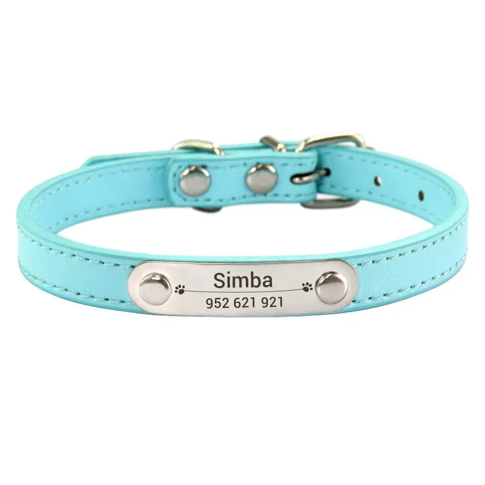 Personalized PU Leather Dog Collar with Engraved Name ID Tag – Adjustable Anti-Lost Pet Collar for Small Medium Large Dogs and Cats