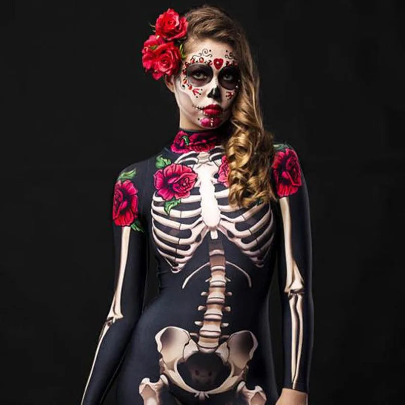 Rose Skeleton Costume Jumpsuit for Women & Girls – Halloween Cosplay Outfit