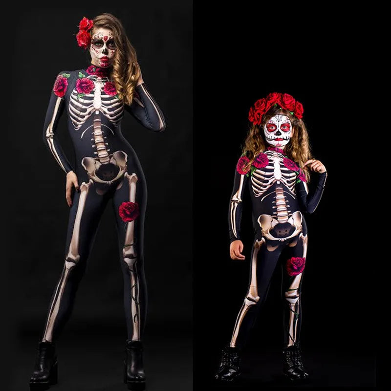 Rose Skeleton Costume Jumpsuit for Women & Girls – Halloween Cosplay Outfit