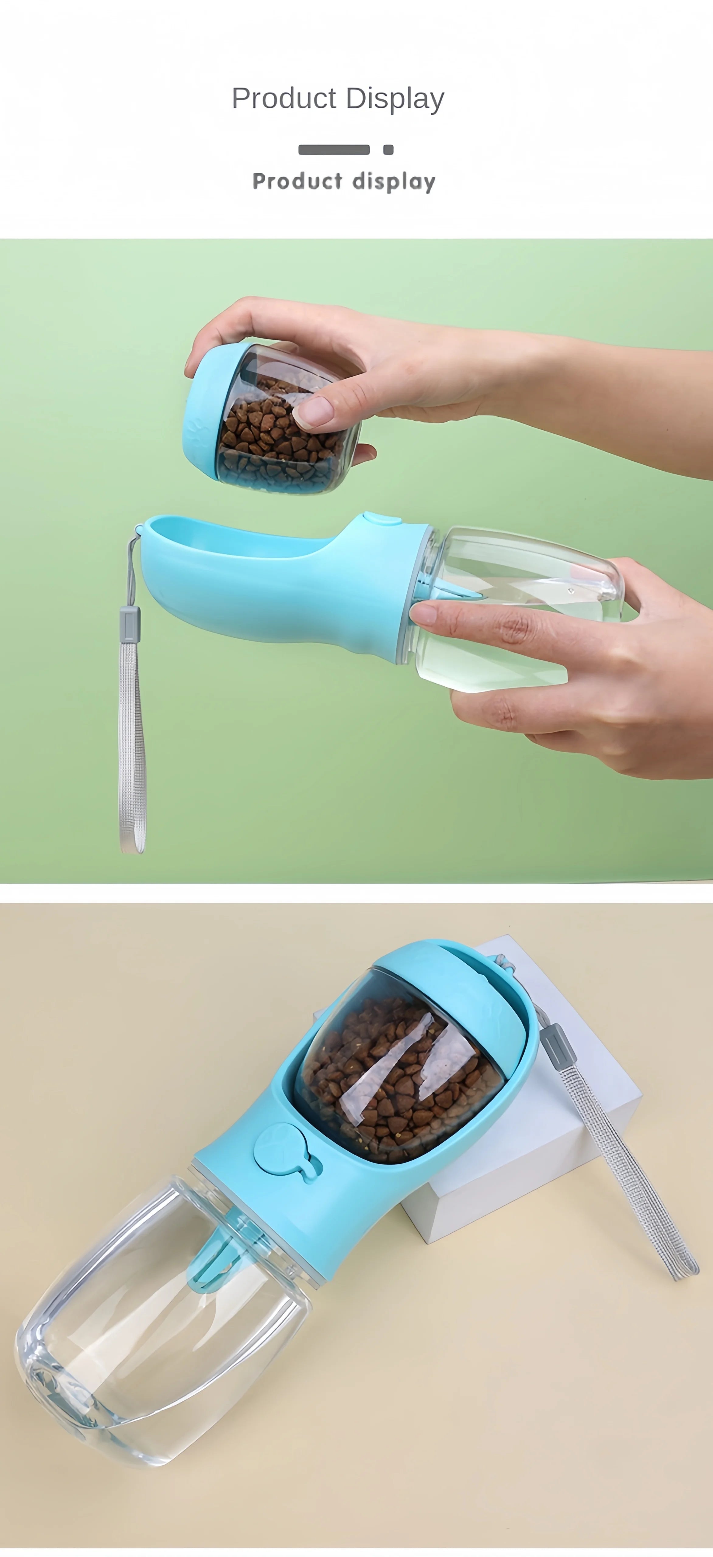 Portable Dog Water Bottle with Food Storage – Travel Feeder Bowl for Dogs & Cats