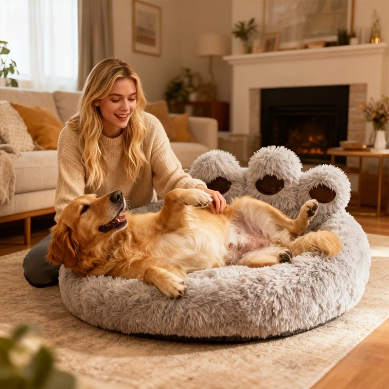 Warm Plush Bear Paw Pet Bed for Cats & Medium Dogs – Anti-Anxiety Calming Donut Cushion