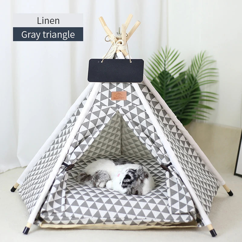 Pet Teepee Tent for Cats and Dogs – Portable Removable Washable Pet House with Cushion, Blackboard, Wooden Frame & Cozy Pet Bed