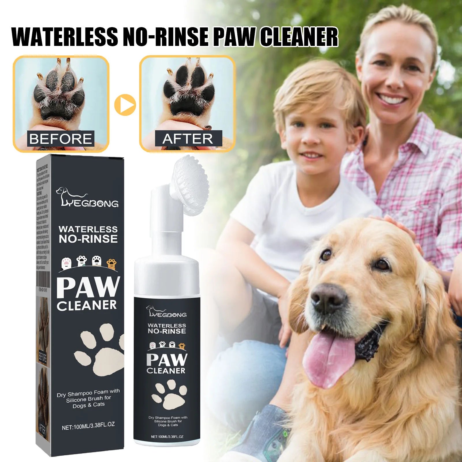 Pet Paw Foam Cleaner 100ml – No-Rinse Dry Shampoo for Dogs & Cats with Brush, Deep Cleaning Paw Dirt & Mud Remover