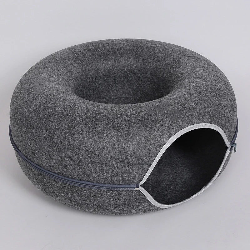 Donut Cat Tunnel Bed & Interactive Play House – Foldable Felt Cat Tunnel Toy, Cozy Indoor Cat Bed for Kittens & Cats