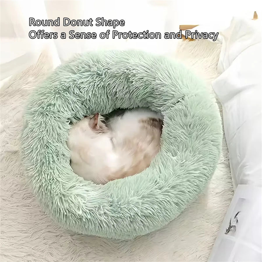 Soft Faux Fur Calming Donut Pet Bed for Cats & Dogs – Warm Washable Round Sleeping Cushion