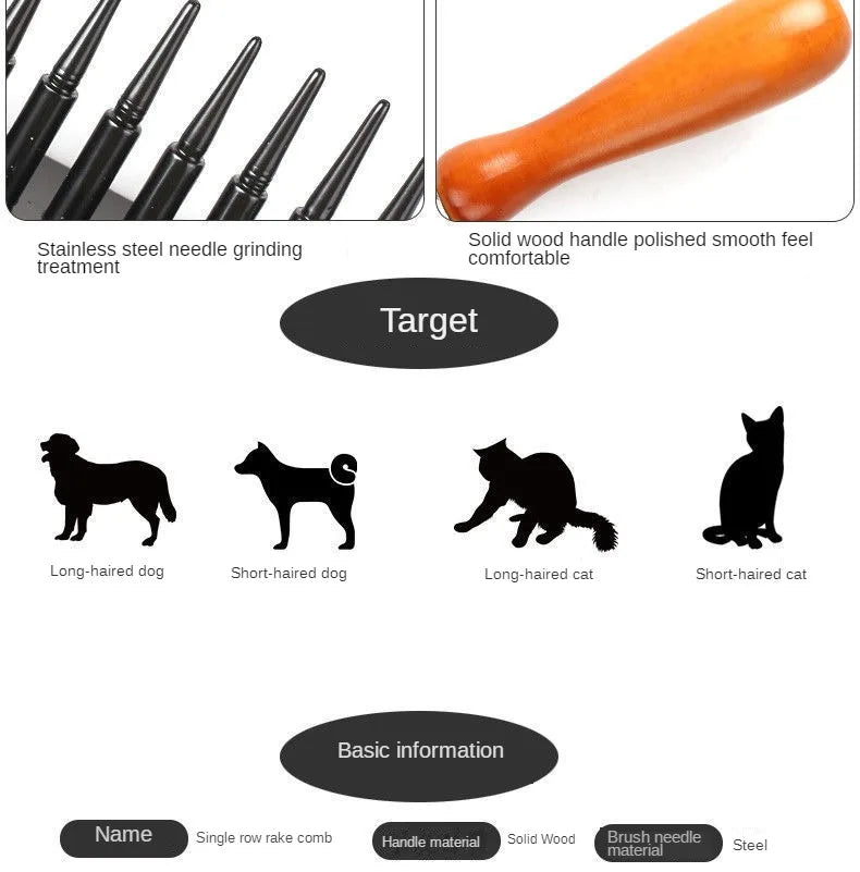 Pet Undercoat Rake Deshedding Tool | Wooden Handle Dog & Cat Grooming Brush