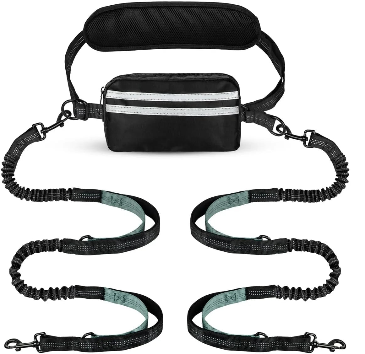 Hands Free Double Dog Leash with Waist Belt & Storage Pouch – Reflective Bungee Leash for Two Dogs
