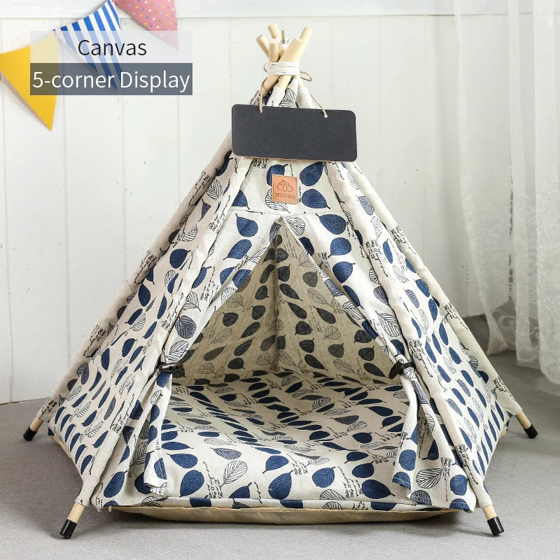 Pet Teepee Tent for Cats and Dogs – Portable Removable Washable Pet House with Cushion, Blackboard, Wooden Frame & Cozy Pet Bed