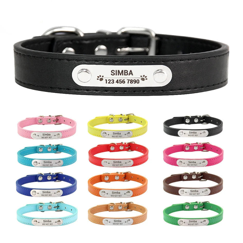 Personalized PU Leather Dog Collar with Engraved Name ID Tag – Adjustable Anti-Lost Pet Collar for Small Medium Large Dogs and Cats