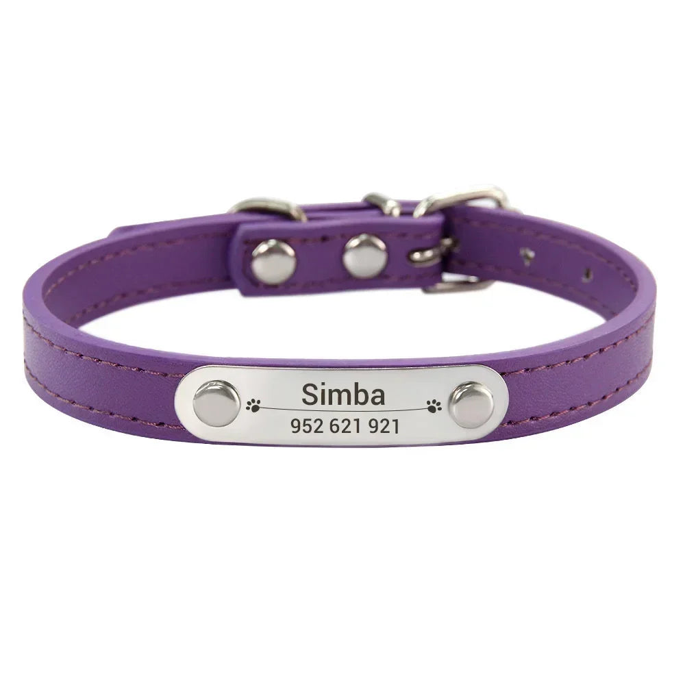 Personalized PU Leather Dog Collar with Engraved Name ID Tag – Adjustable Anti-Lost Pet Collar for Small Medium Large Dogs and Cats
