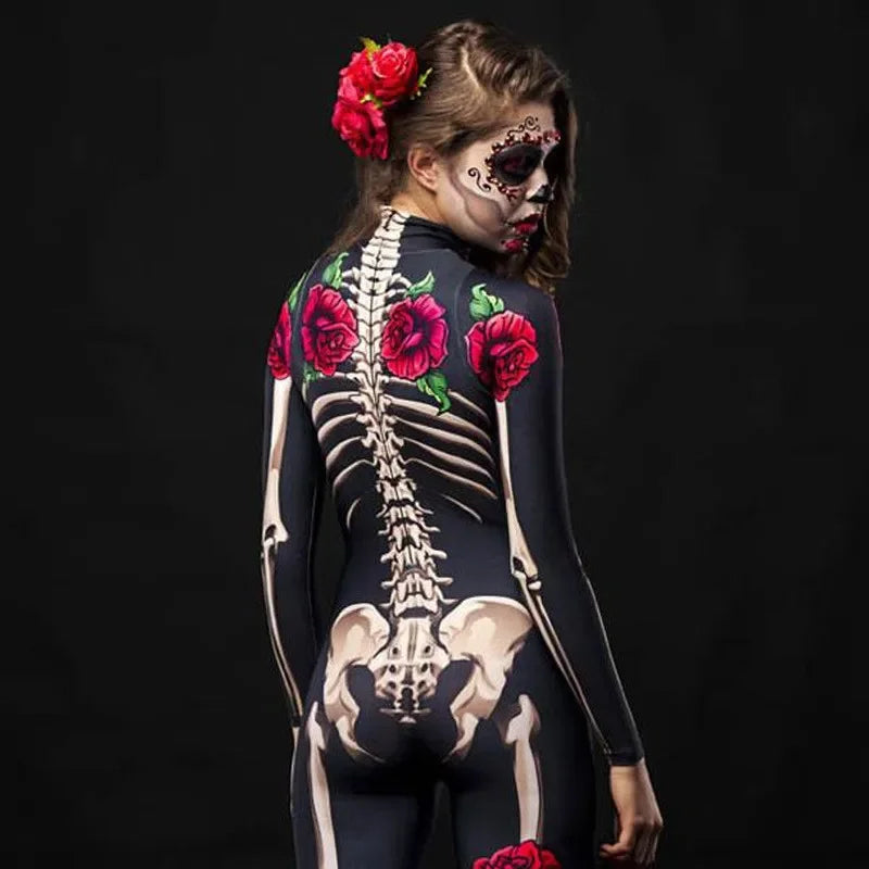 Rose Skeleton Costume Jumpsuit for Women & Girls – Halloween Cosplay Outfit